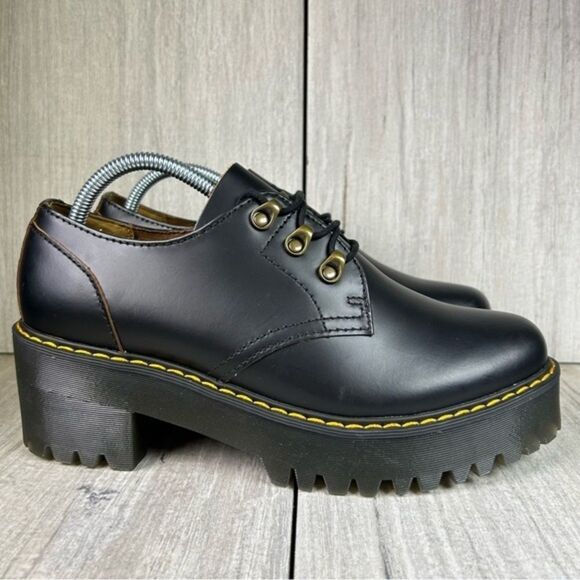 NEW Dr. Martens Docs Leona Lo Black Leather Heeled Platform Boots Womens Size 10 - Picture 1 of 10
